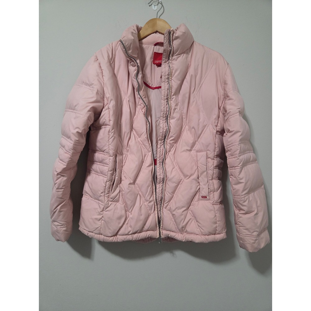 Vintage Esprit Womens Pink Diamond Quilted Down Puffer‎ Jacket L Full Zip Coat
